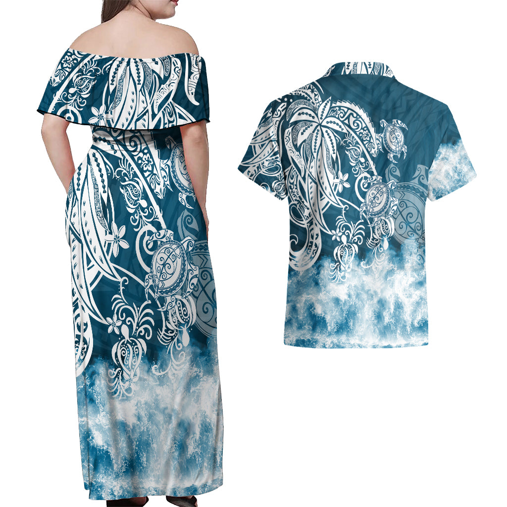 Polynesian Sea Turtle Couples Matching Off Shoulder Maxi Dress and Hawaiian Shirt Tribal Blue LT6 - Wonder Print Shop