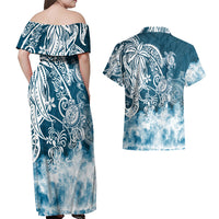 Polynesian Sea Turtle Couples Matching Off Shoulder Maxi Dress and Hawaiian Shirt Tribal Blue LT6 - Wonder Print Shop