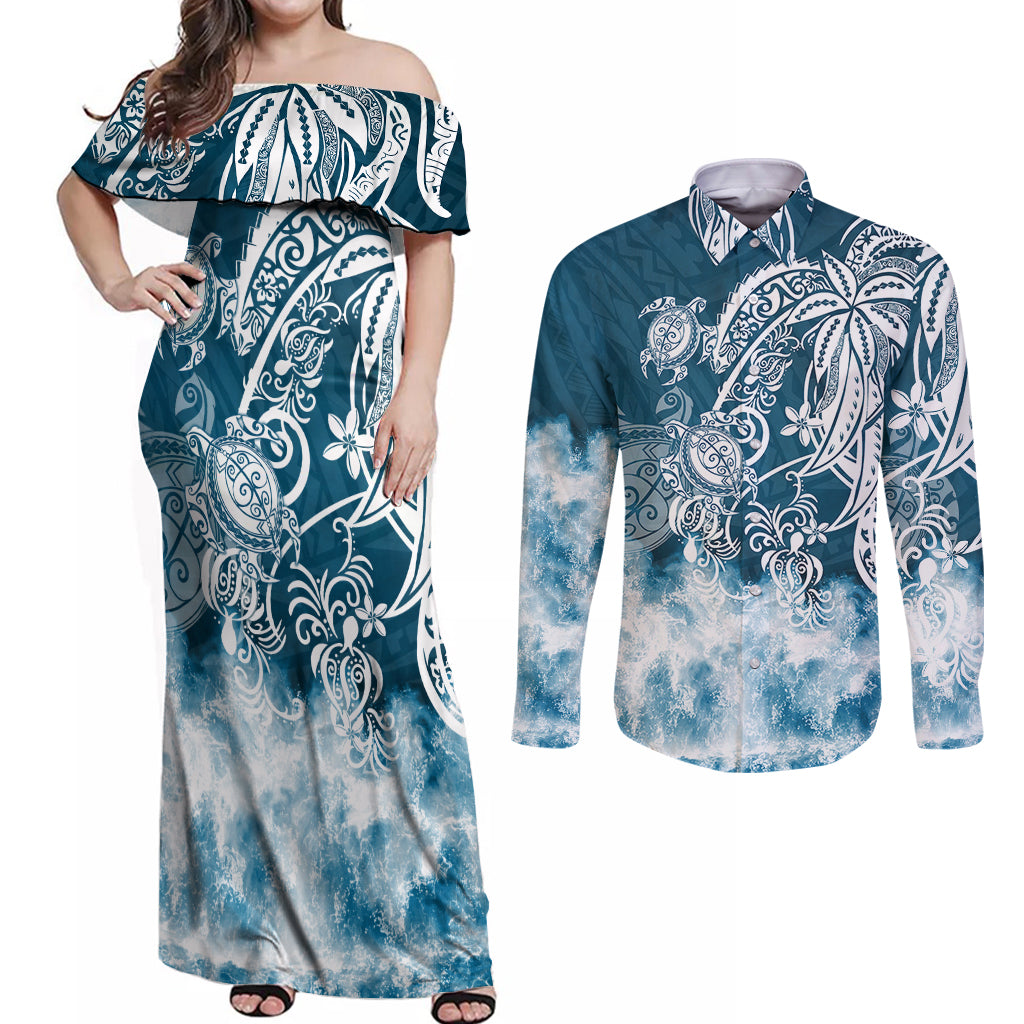 Polynesian Sea Turtle Couples Matching Off Shoulder Maxi Dress and Long Sleeve Button Shirts Tribal Blue LT6 - Wonder Print Shop