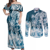 Polynesian Sea Turtle Couples Matching Off Shoulder Maxi Dress and Long Sleeve Button Shirts Tribal Blue LT6 - Wonder Print Shop