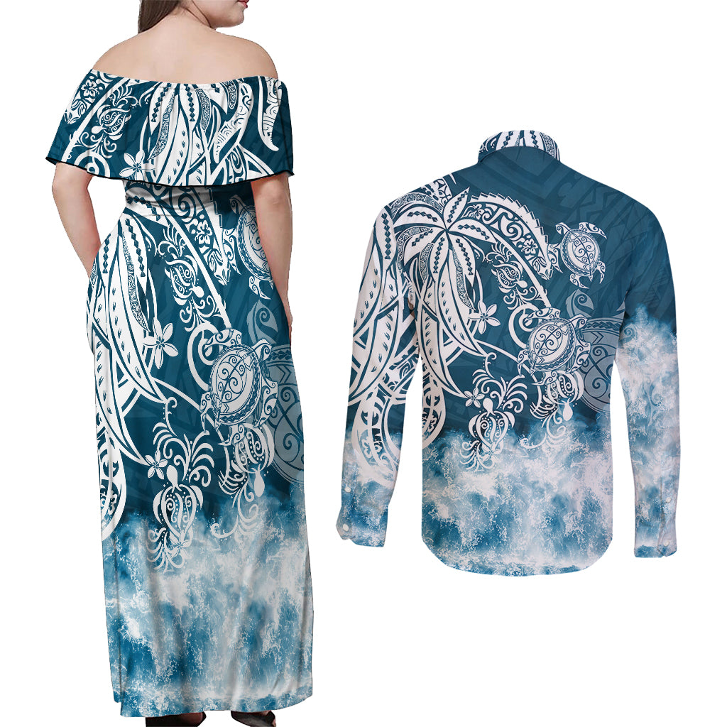 Polynesian Sea Turtle Couples Matching Off Shoulder Maxi Dress and Long Sleeve Button Shirts Tribal Blue LT6 - Wonder Print Shop
