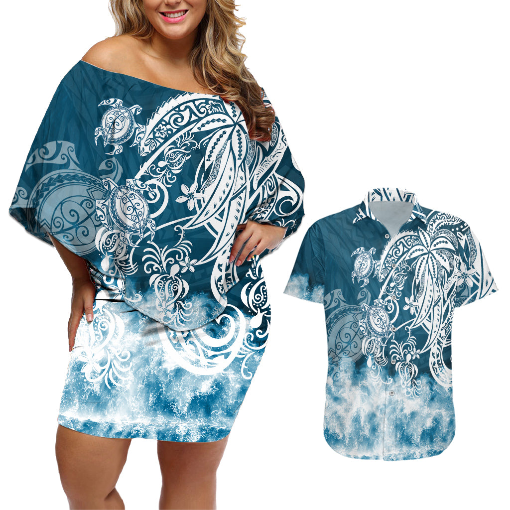 Polynesian Sea Turtle Couples Matching Off Shoulder Short Dress and Hawaiian Shirt Tribal Blue LT6 - Wonder Print Shop