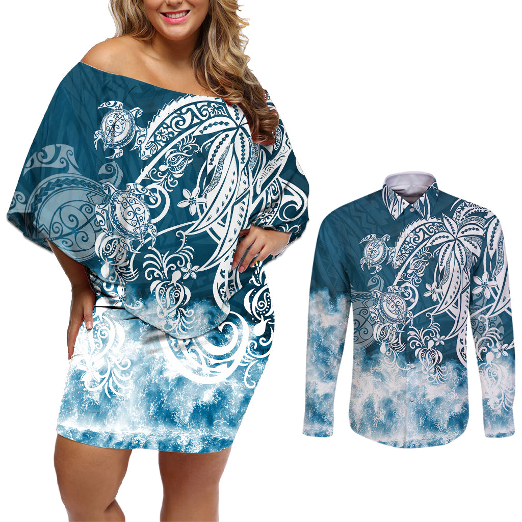 Polynesian Sea Turtle Couples Matching Off Shoulder Short Dress and Long Sleeve Button Shirts Tribal Blue LT6 - Wonder Print Shop