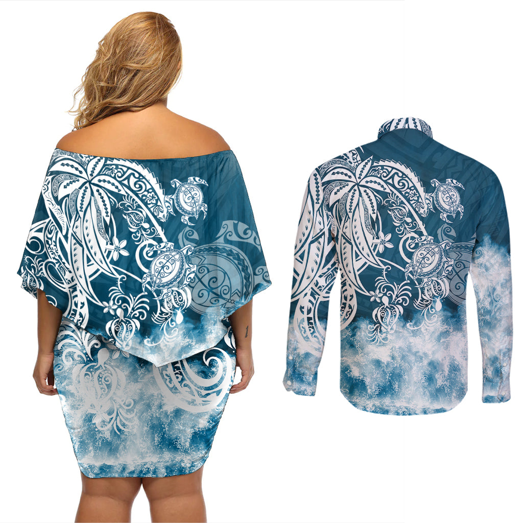 Polynesian Sea Turtle Couples Matching Off Shoulder Short Dress and Long Sleeve Button Shirts Tribal Blue LT6 - Wonder Print Shop