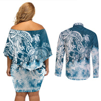 Polynesian Sea Turtle Couples Matching Off Shoulder Short Dress and Long Sleeve Button Shirts Tribal Blue LT6 - Wonder Print Shop