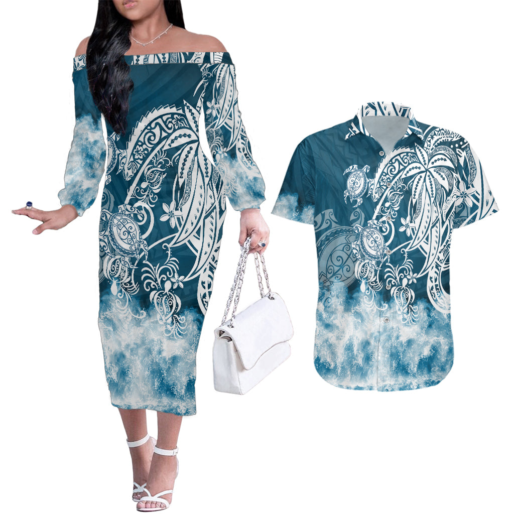 Polynesian Sea Turtle Couples Matching Off The Shoulder Long Sleeve Dress and Hawaiian Shirt Tribal Blue LT6 - Wonder Print Shop