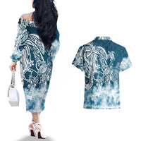 Polynesian Sea Turtle Couples Matching Off The Shoulder Long Sleeve Dress and Hawaiian Shirt Tribal Blue LT6 - Wonder Print Shop