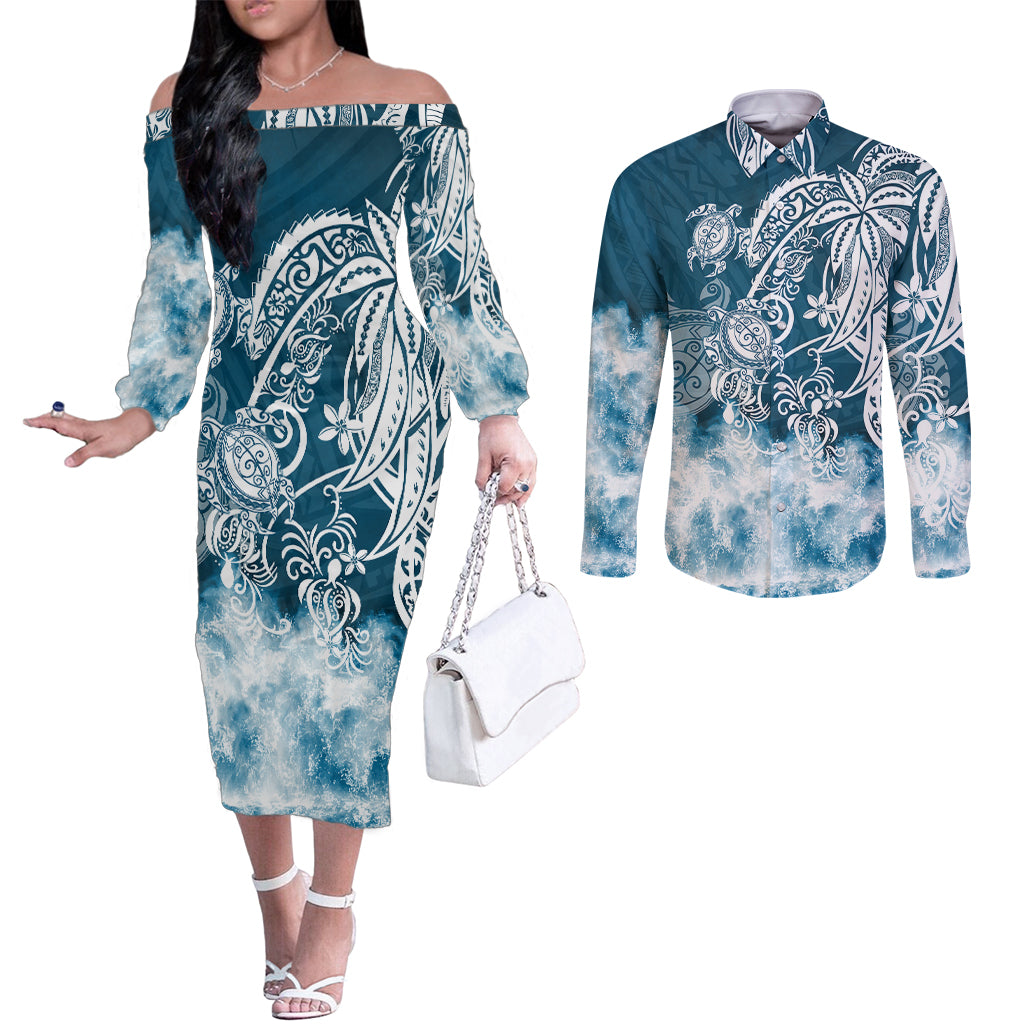 polynesian-sea-turtle-couples-matching-off-the-shoulder-long-sleeve-dress-and-long-sleeve-button-shirts-tribal-blue