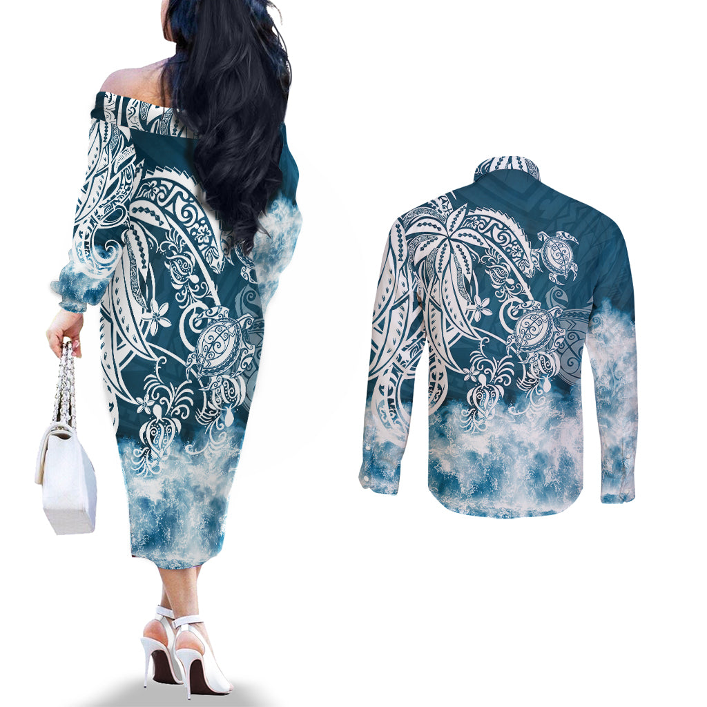polynesian-sea-turtle-couples-matching-off-the-shoulder-long-sleeve-dress-and-long-sleeve-button-shirts-tribal-blue
