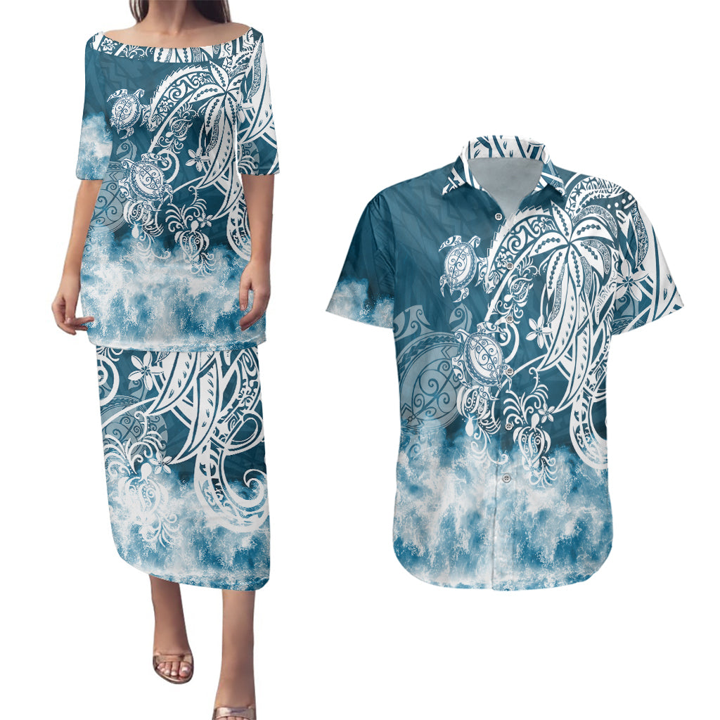 Polynesian Sea Turtle Couples Matching Puletasi Dress and Hawaiian Shirt Tribal Blue LT6 - Wonder Print Shop