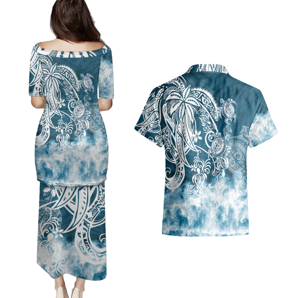 Polynesian Sea Turtle Couples Matching Puletasi Dress and Hawaiian Shirt Tribal Blue LT6 - Wonder Print Shop