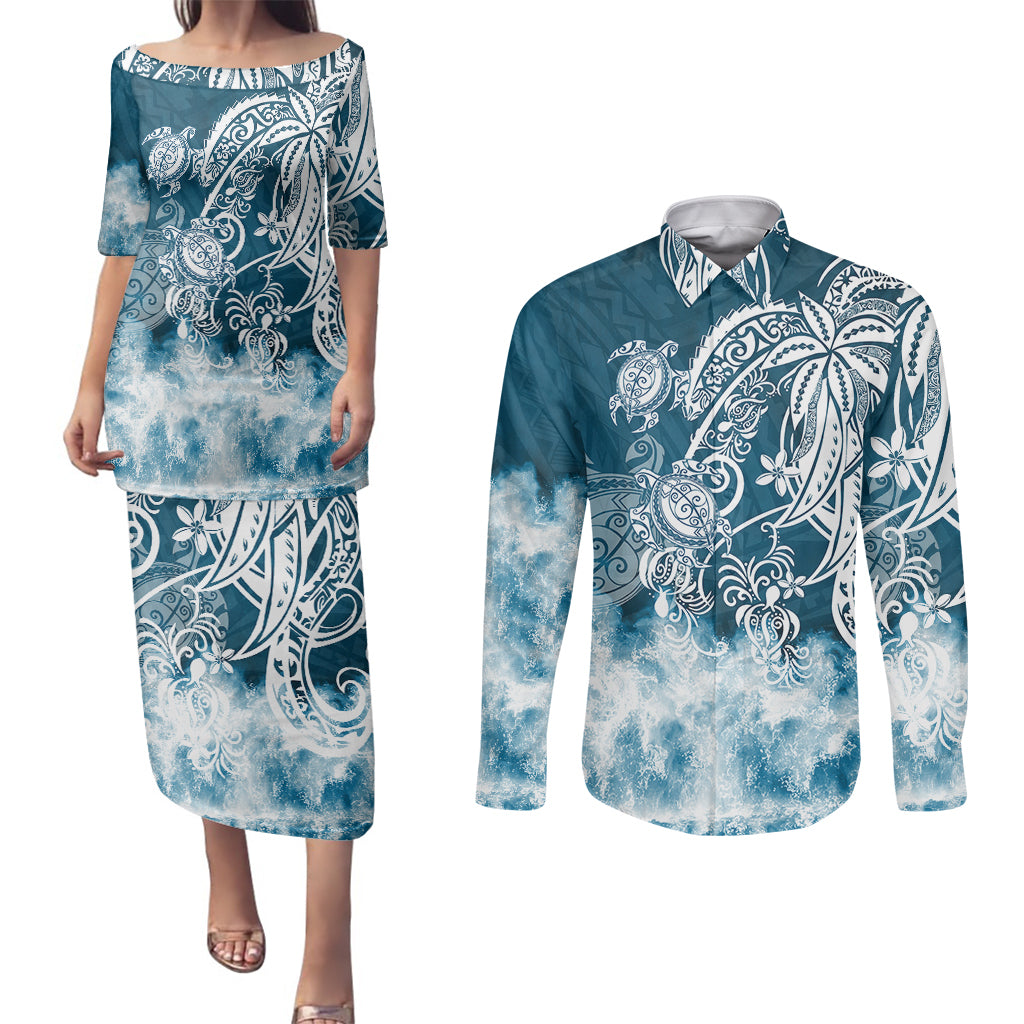 Polynesian Sea Turtle Couples Matching Puletasi Dress and Long Sleeve Button Shirts Tribal Blue LT6 - Wonder Print Shop
