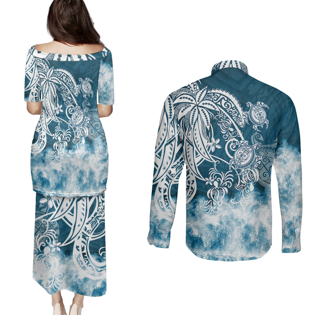 Polynesian Sea Turtle Couples Matching Puletasi Dress and Long Sleeve Button Shirts Tribal Blue LT6 - Wonder Print Shop