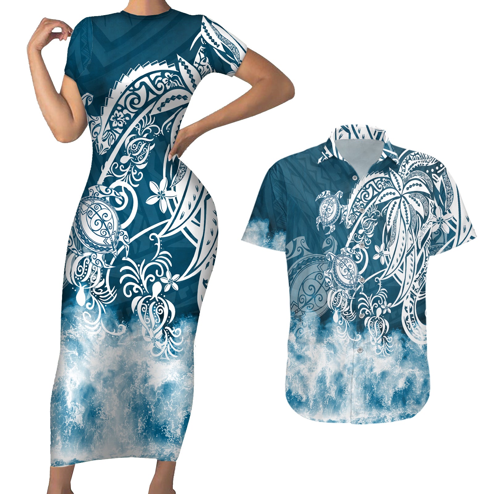 Polynesian Sea Turtle Couples Matching Short Sleeve Bodycon Dress and Hawaiian Shirt Tribal Blue LT6 - Wonder Print Shop