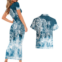 Polynesian Sea Turtle Couples Matching Short Sleeve Bodycon Dress and Hawaiian Shirt Tribal Blue LT6 - Wonder Print Shop
