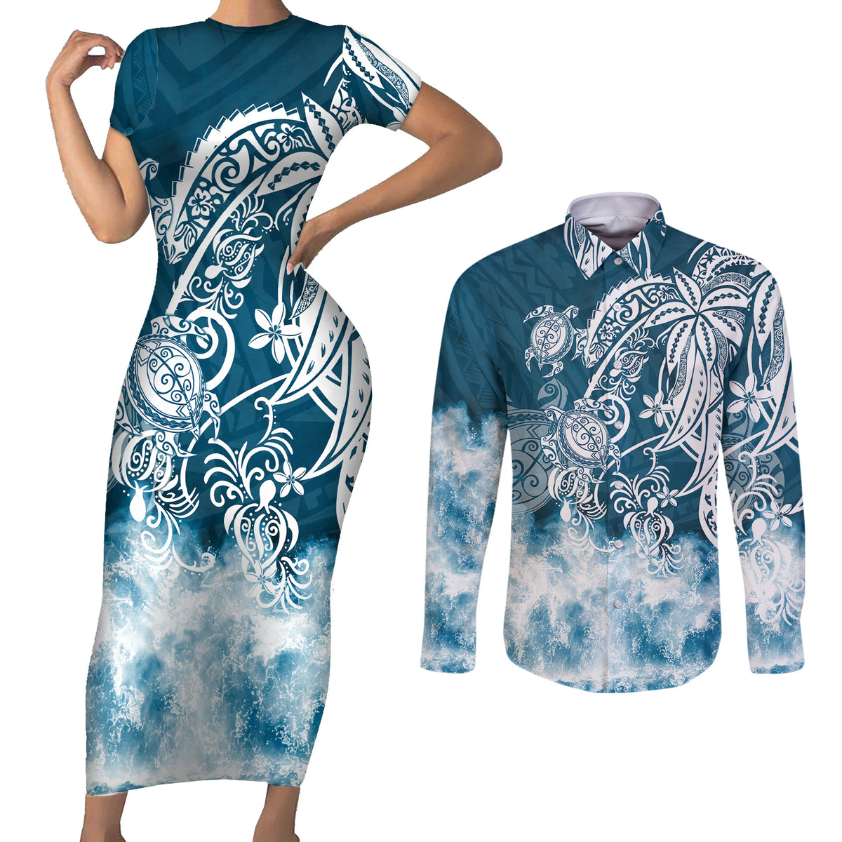 Polynesian Sea Turtle Couples Matching Short Sleeve Bodycon Dress and Long Sleeve Button Shirts Tribal Blue LT6 - Wonder Print Shop