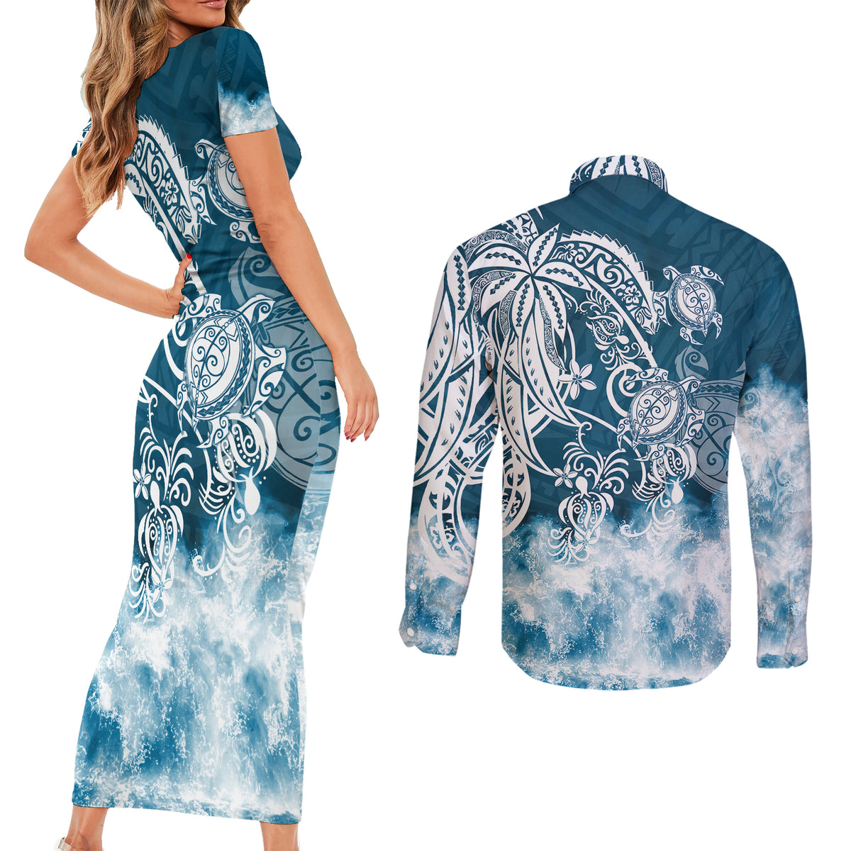 Polynesian Sea Turtle Couples Matching Short Sleeve Bodycon Dress and Long Sleeve Button Shirts Tribal Blue LT6 - Wonder Print Shop
