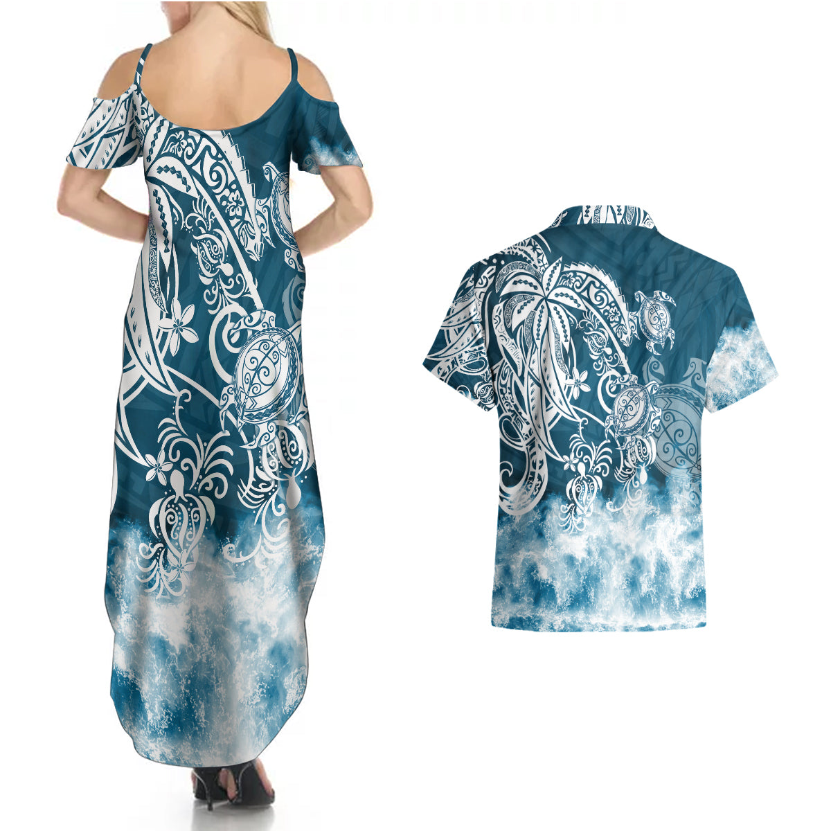 Polynesian Sea Turtle Couples Matching Summer Maxi Dress and Hawaiian Shirt Tribal Blue LT6 - Wonder Print Shop