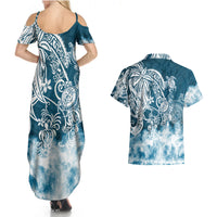 Polynesian Sea Turtle Couples Matching Summer Maxi Dress and Hawaiian Shirt Tribal Blue LT6 - Wonder Print Shop