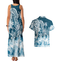 Polynesian Sea Turtle Couples Matching Tank Maxi Dress And Hawaiian Shirt Tribal Blue LT6 - Wonder Print Shop
