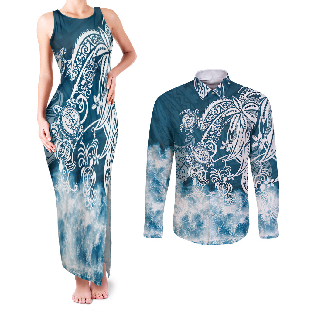 Polynesian Sea Turtle Couples Matching Tank Maxi Dress and Long Sleeve Button Shirts Tribal Blue LT6 - Wonder Print Shop