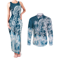 Polynesian Sea Turtle Couples Matching Tank Maxi Dress and Long Sleeve Button Shirts Tribal Blue LT6 - Wonder Print Shop
