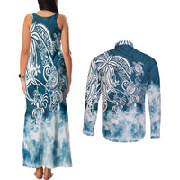 Polynesian Sea Turtle Couples Matching Tank Maxi Dress and Long Sleeve Button Shirts Tribal Blue LT6 - Wonder Print Shop
