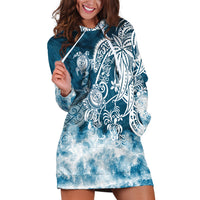 Polynesian Sea Turtle Hoodie Dress Tribal Blue LT6 - Wonder Print Shop