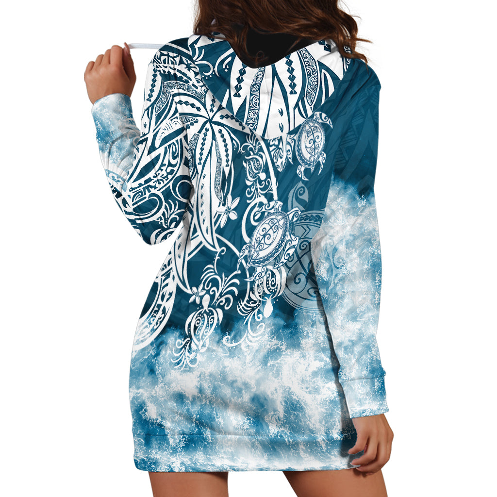 Polynesian Sea Turtle Hoodie Dress Tribal Blue LT6 - Wonder Print Shop