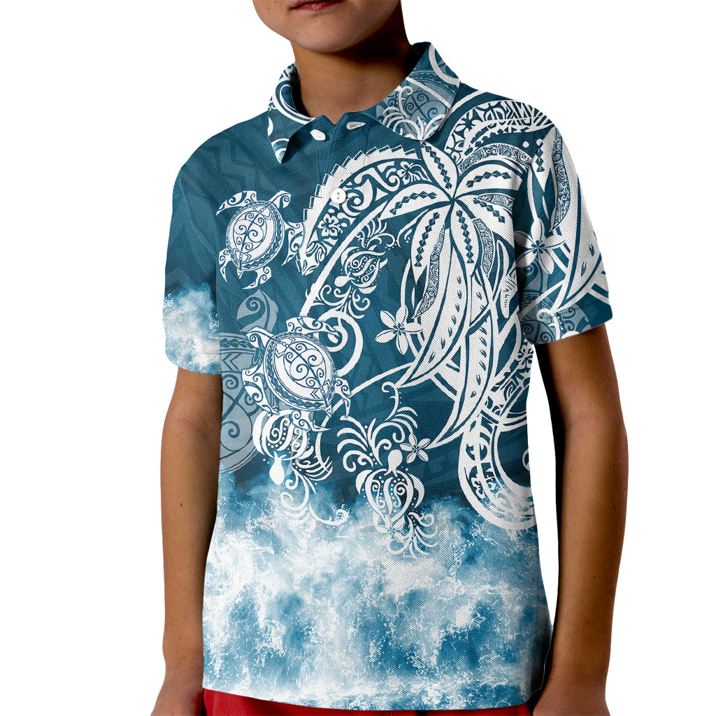 Polynesian Sea Turtle Kid Polo Shirt Tribal Blue LT6 - Wonder Print Shop