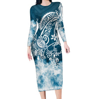 Polynesian Sea Turtle Long Sleeve Bodycon Dress Tribal Blue LT6 - Wonder Print Shop