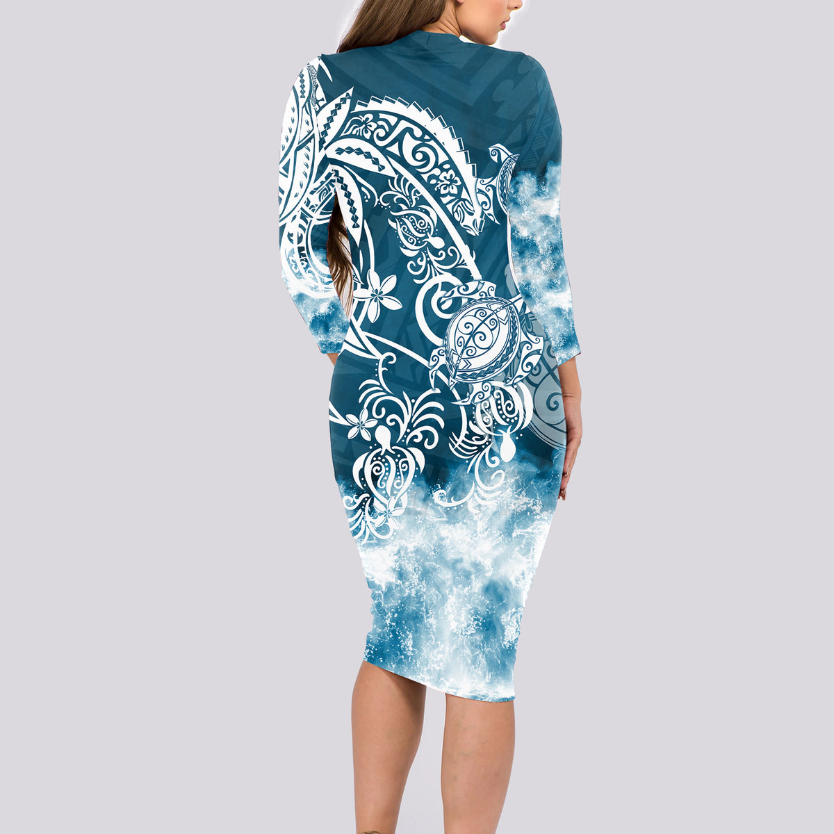 Polynesian Sea Turtle Long Sleeve Bodycon Dress Tribal Blue LT6 - Wonder Print Shop