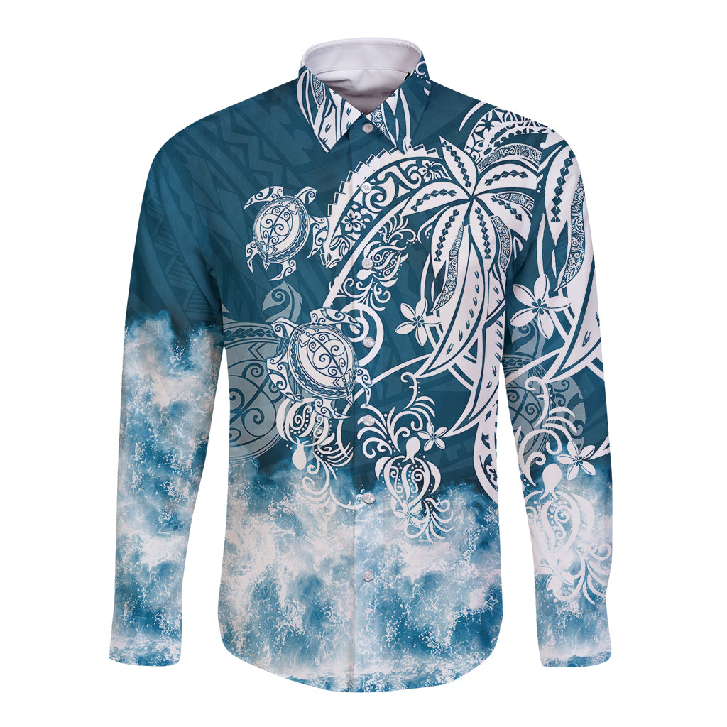 Polynesian Sea Turtle Long Sleeve Button Shirt Tribal Blue LT6 - Wonder Print Shop