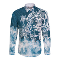 Polynesian Sea Turtle Long Sleeve Button Shirt Tribal Blue LT6 - Wonder Print Shop