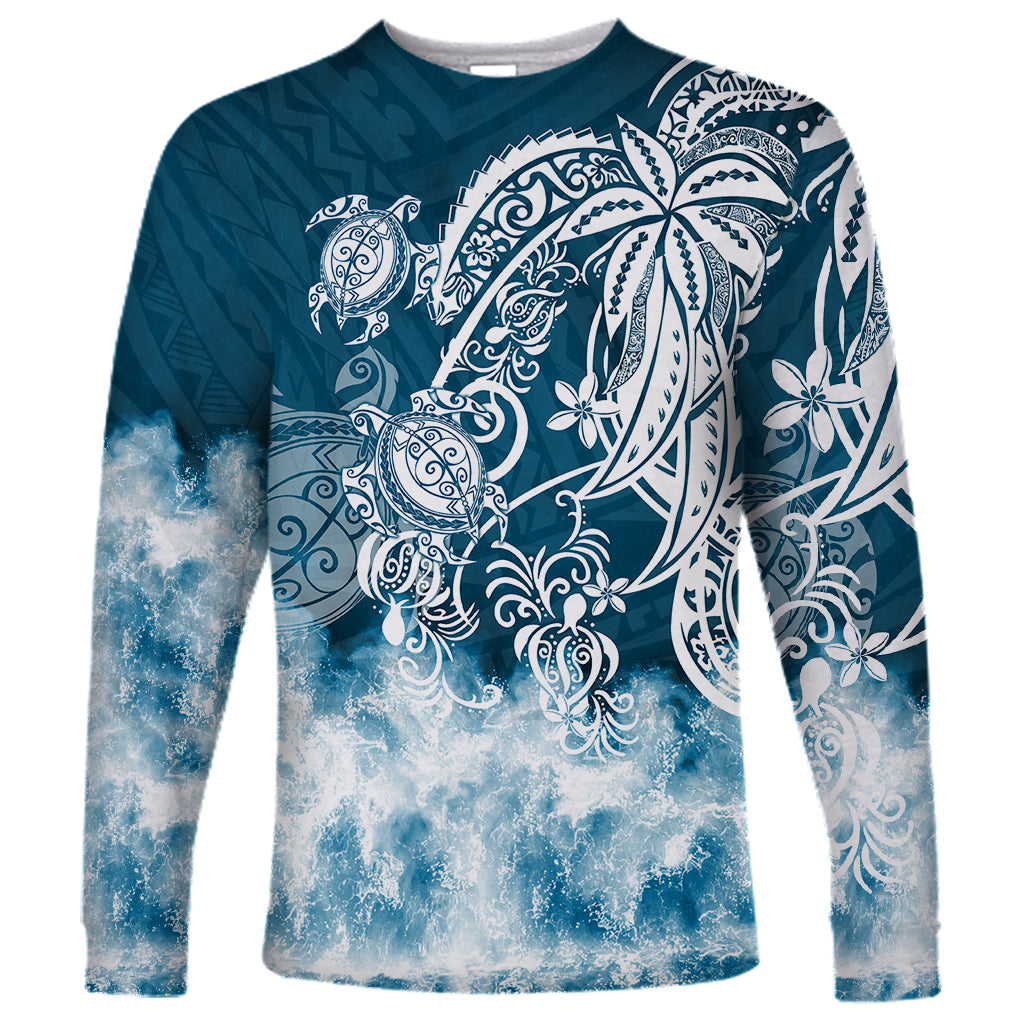 Polynesian Sea Turtle Long Sleeve Shirt Tribal Blue LT6 - Wonder Print Shop