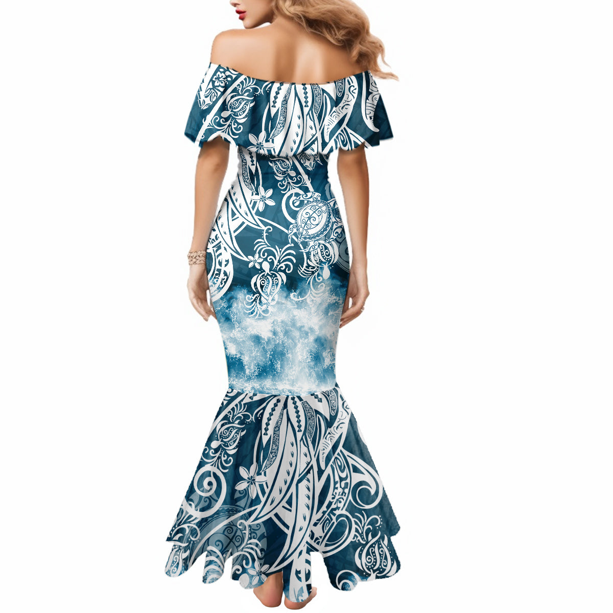 Polynesian Sea Turtle Mermaid Dress Tribal Blue LT6 - Wonder Print Shop
