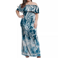 Polynesian Sea Turtle Off Shoulder Maxi Dress Tribal Blue LT6 - Wonder Print Shop