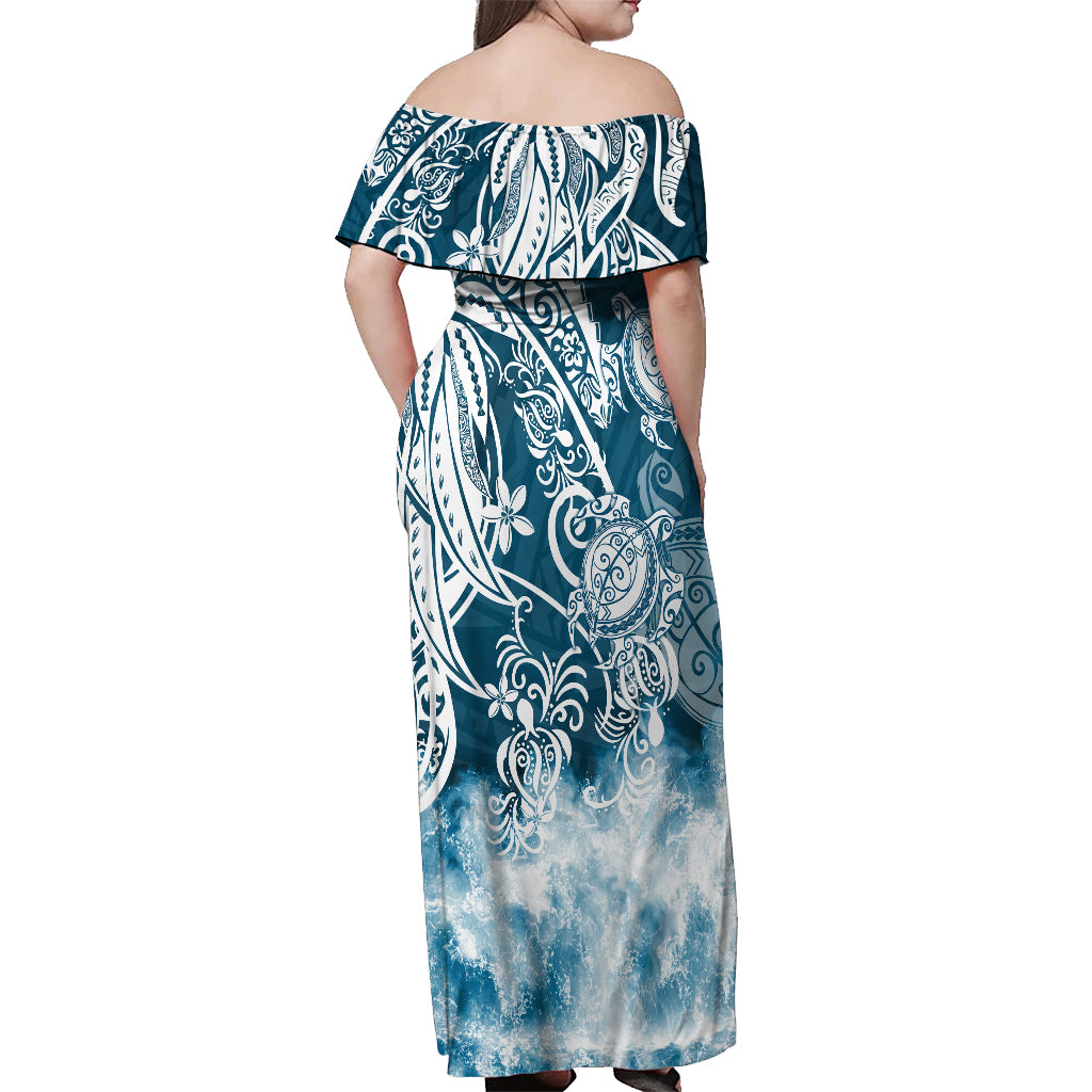 Polynesian Sea Turtle Off Shoulder Maxi Dress Tribal Blue LT6 - Wonder Print Shop