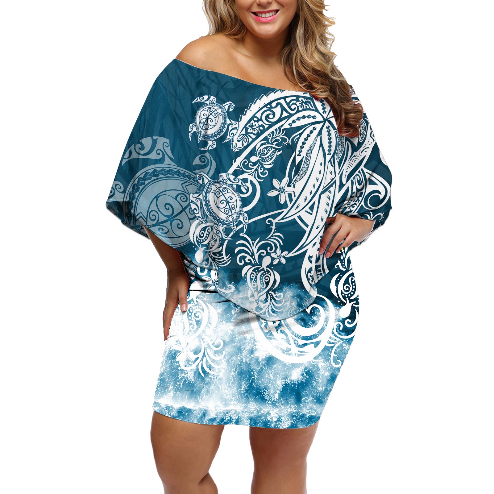 Polynesian Sea Turtle Off Shoulder Short Dress Tribal Blue LT6 - Wonder Print Shop
