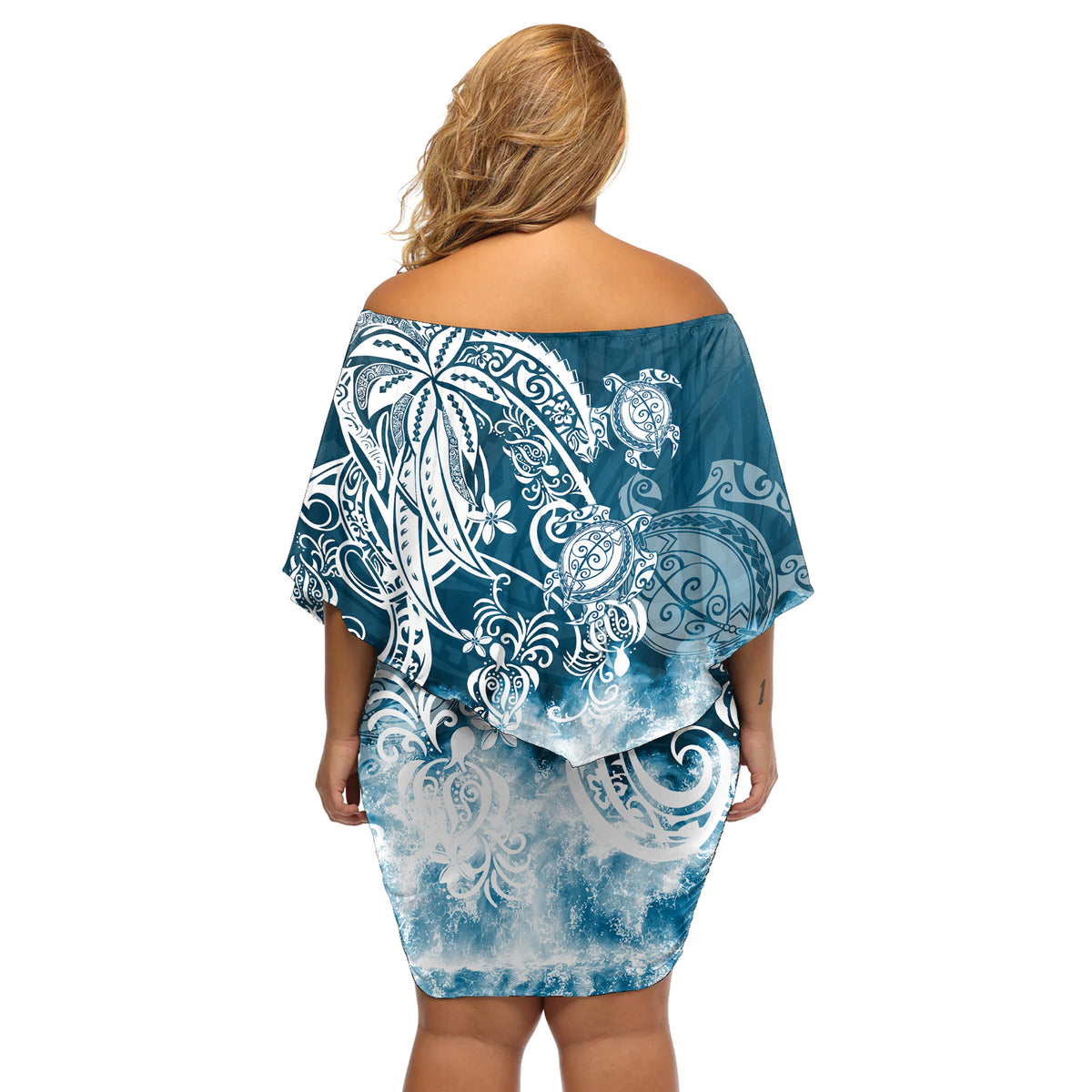 Polynesian Sea Turtle Off Shoulder Short Dress Tribal Blue LT6 - Wonder Print Shop