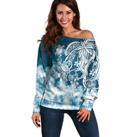 Polynesian Sea Turtle Off Shoulder Sweater Tribal Blue LT6 - Wonder Print Shop