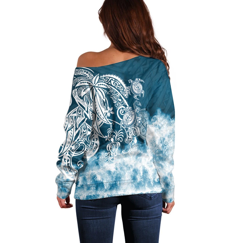 Polynesian Sea Turtle Off Shoulder Sweater Tribal Blue LT6 - Wonder Print Shop