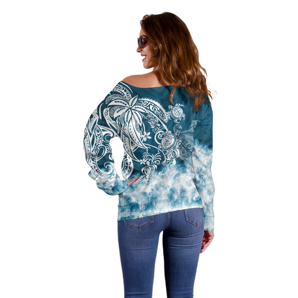 Polynesian Sea Turtle Off Shoulder Sweater Tribal Blue LT6 - Wonder Print Shop