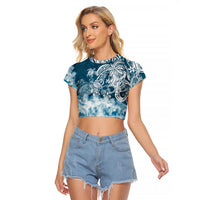 Polynesian Sea Turtle Raglan Cropped T Shirt Tribal Blue LT6 - Wonder Print Shop