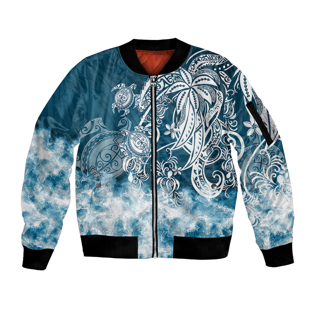 Polynesian Sea Turtle Sleeve Zip Bomber Jacket Tribal Blue LT6 - Wonder Print Shop