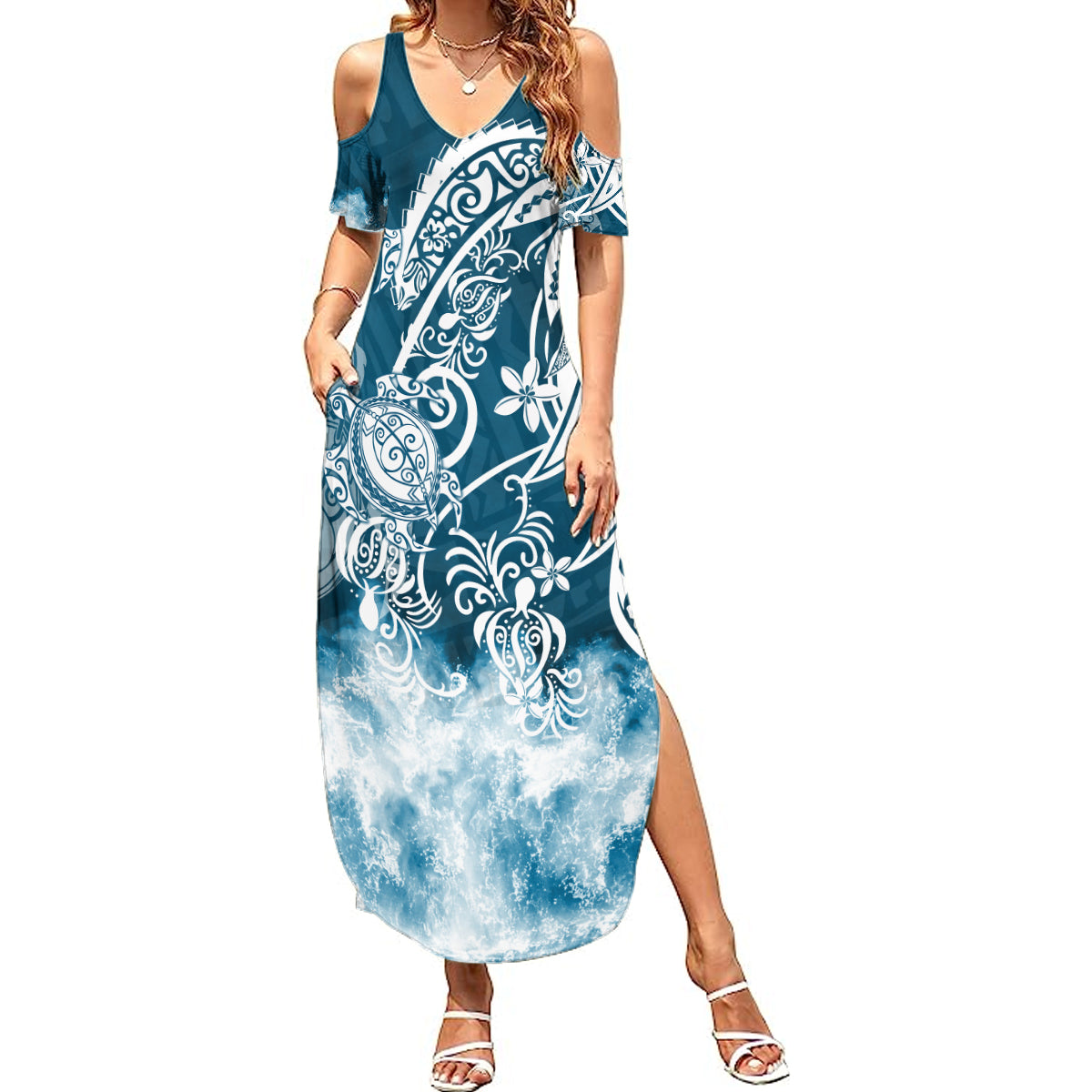 Polynesian Sea Turtle Summer Maxi Dress Tribal Blue LT6 - Wonder Print Shop