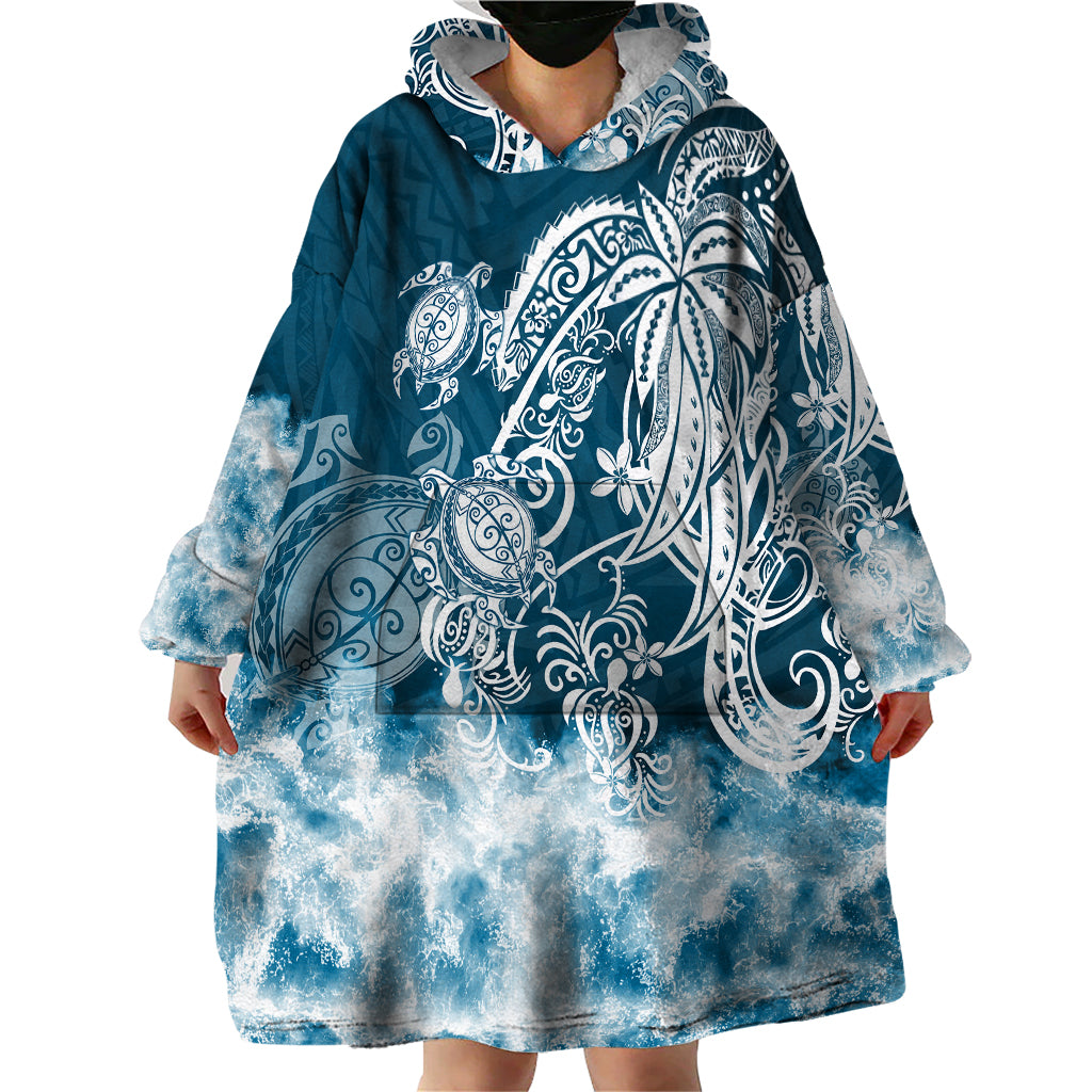 Polynesian Sea Turtle Wearable Blanket Hoodie Tribal Blue LT6 - Wonder Print Shop