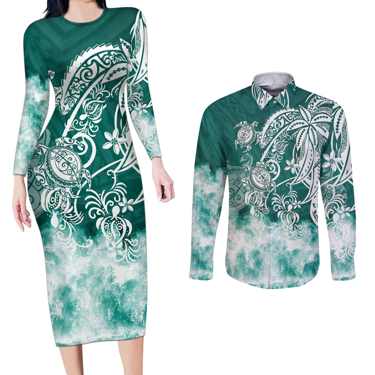 Polynesian Sea Turtle Couples Matching Long Sleeve Bodycon Dress and Long Sleeve Button Shirts Tribal Green LT6 - Wonder Print Shop