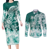 Polynesian Sea Turtle Couples Matching Long Sleeve Bodycon Dress and Long Sleeve Button Shirts Tribal Green LT6 - Wonder Print Shop