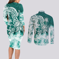 Polynesian Sea Turtle Couples Matching Long Sleeve Bodycon Dress and Long Sleeve Button Shirts Tribal Green LT6 - Wonder Print Shop